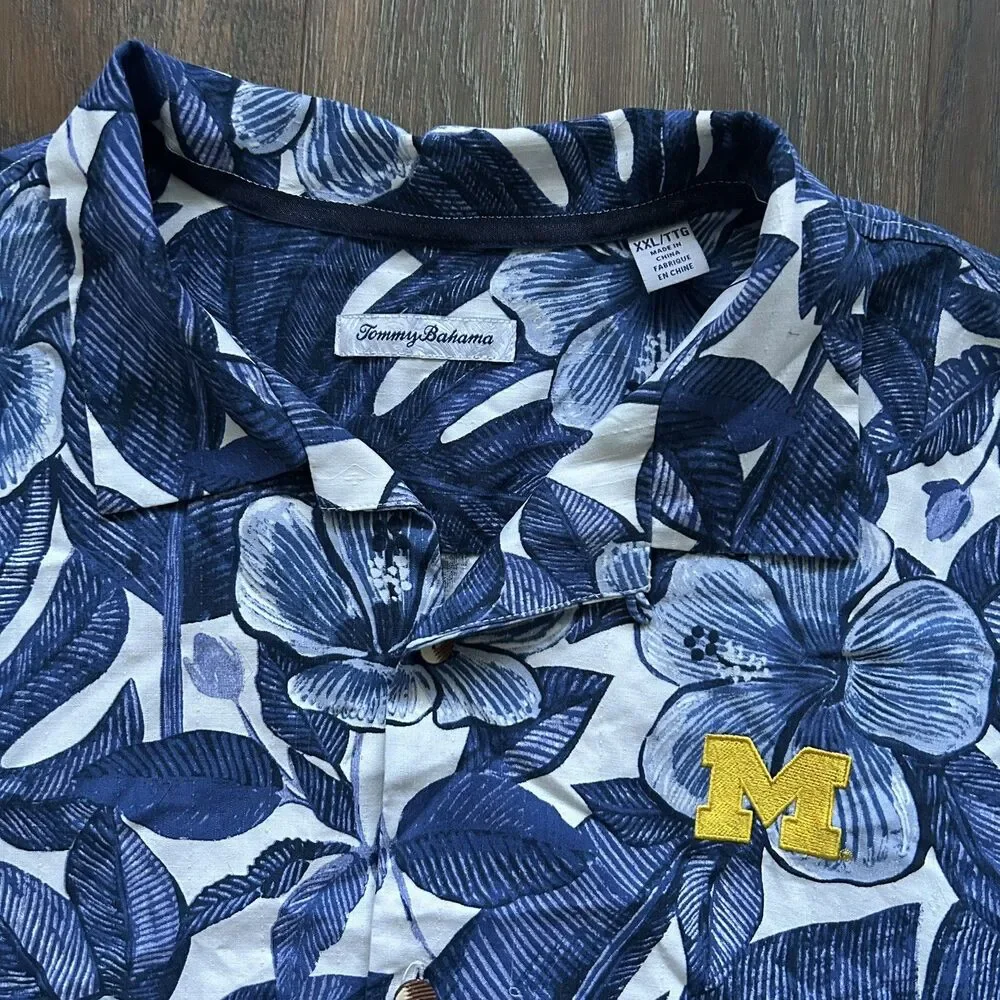Michigan Wolverines Tommy Bahama 100% Silk Hawaiian Shirt Mens XXL Blue U of M
